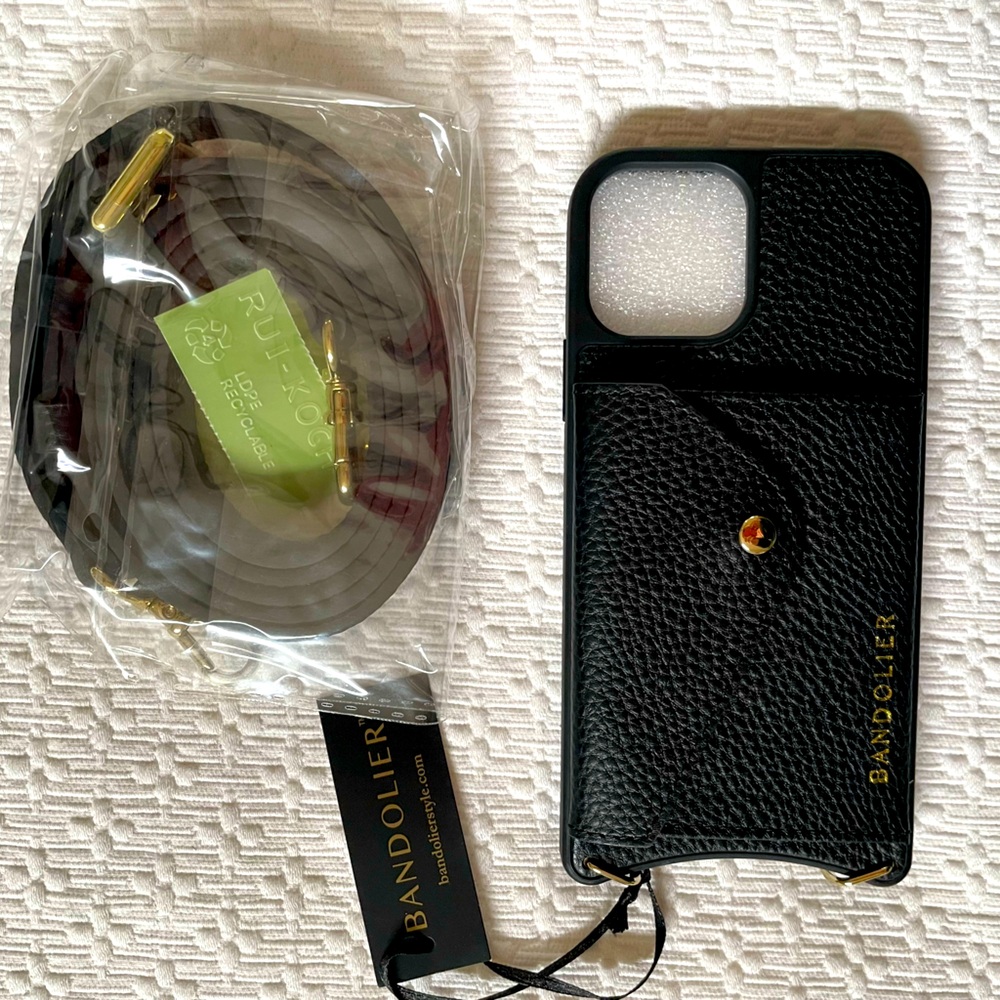 Bandolier iPhone Case 12 12 Pro Black Pebble Leather Crossbody